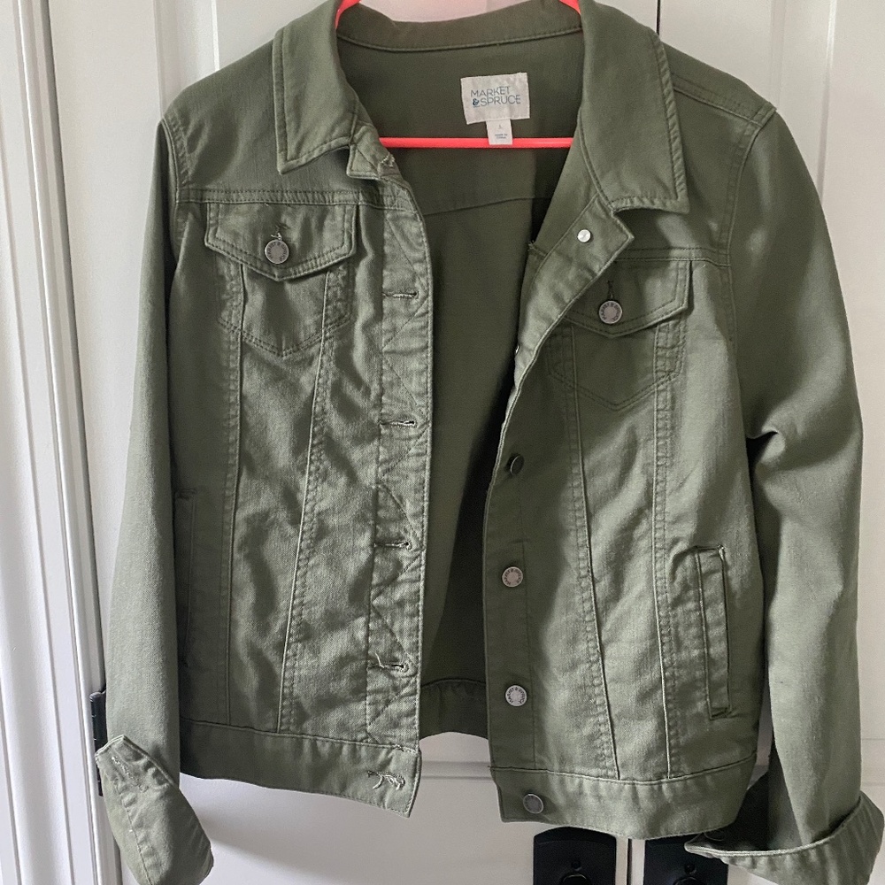 Market & Spruce Camila Boyfriend Forest Green Denim Jean Jacket Sz L